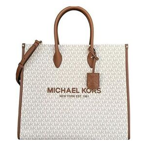 Michael Kors Logo Print Tote in White and Tan